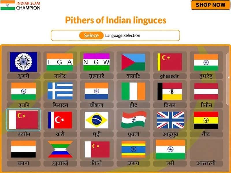 Indian Slam Champion language selection screen showing 14 Indian languages