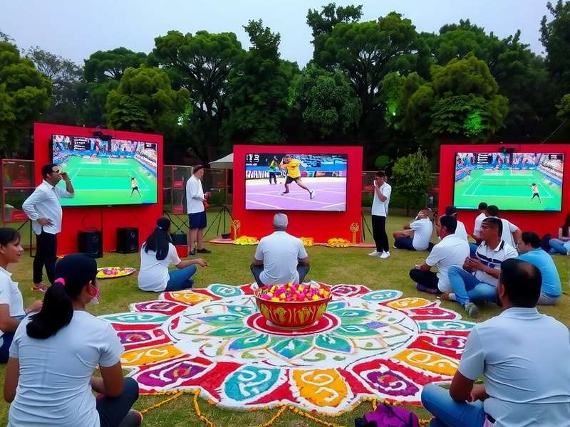Indian Slam Champion Diwali tournament with players competing on large screens in a public park decorated with rangoli